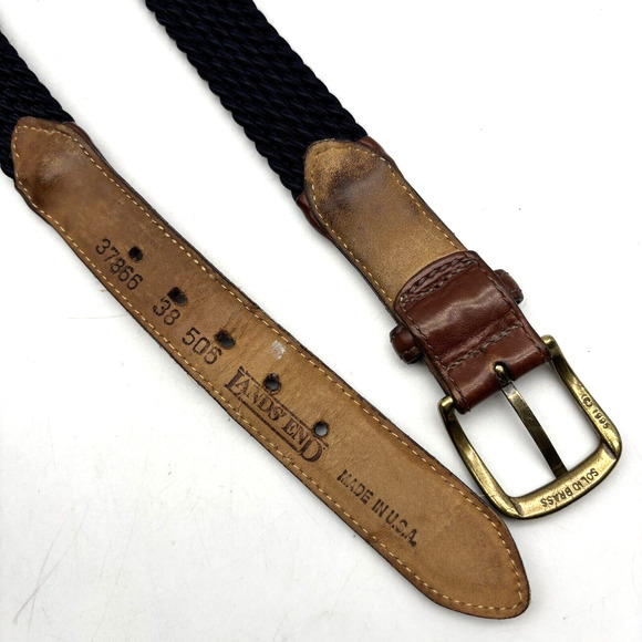 1995 Land's End 37866 Navy Blue Stretch Brown Leather Brass Buckle Belt Men's 38 - Picture 11 of 16